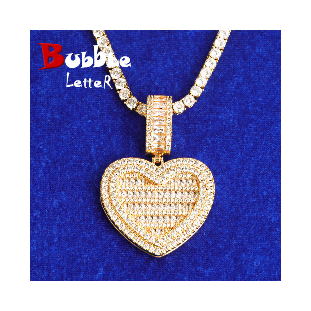 (White, 45cm) Bubble Letter Photo Pendant Baguette Heart Men Necklace Hip Hop Jewelry Sublimation Blanks Items