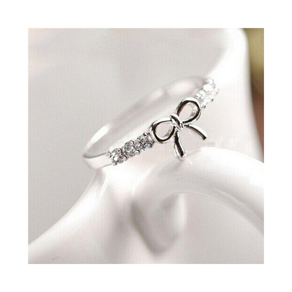 1pc Princess Wedding Bow Tie Ring Silver For Women Stone Crystal Lady Silver Ring Jewelry Engagement