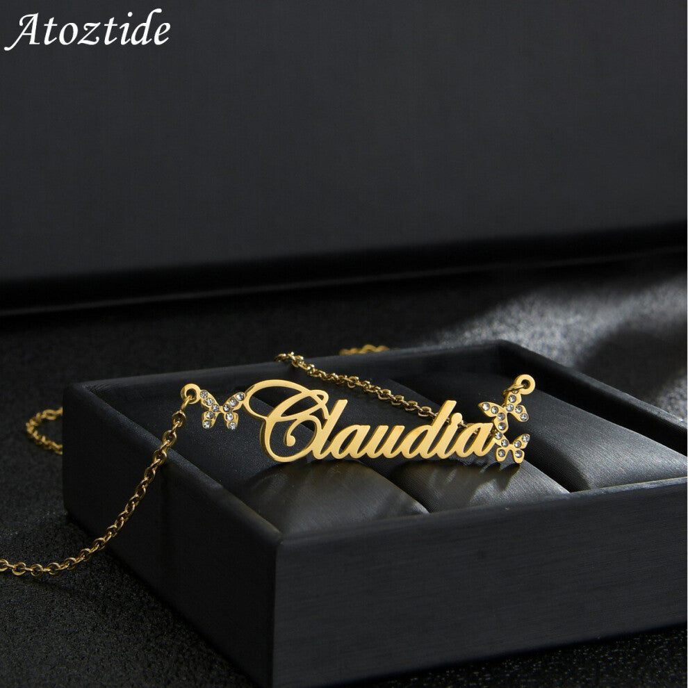 Atoztide?New?Custom?Name Zircon Butterfly Stainless Steel?Necklaces Letter for Women Choker Nameplate Summer Jewelry Gift