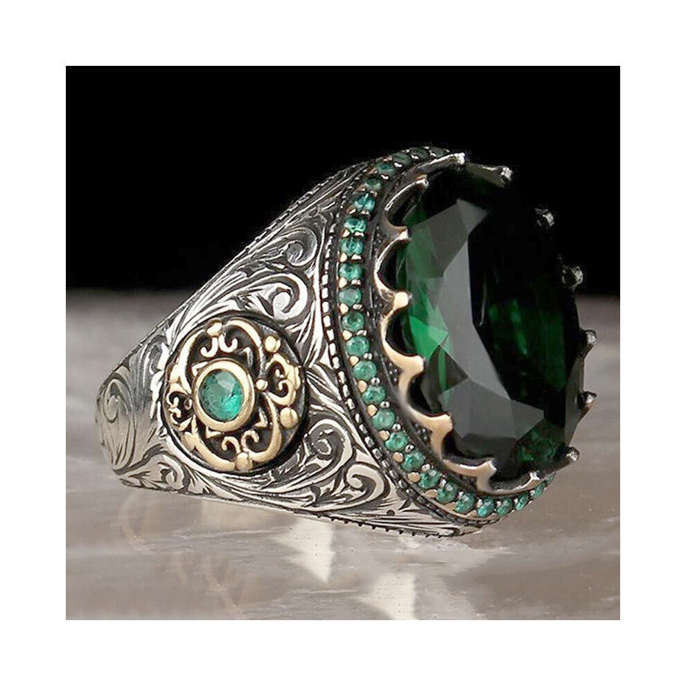 vintage Signet Ring For Men Women Ancient Silver Carved Eagle Ring Green Zircon Inlay Punk Motor Biker