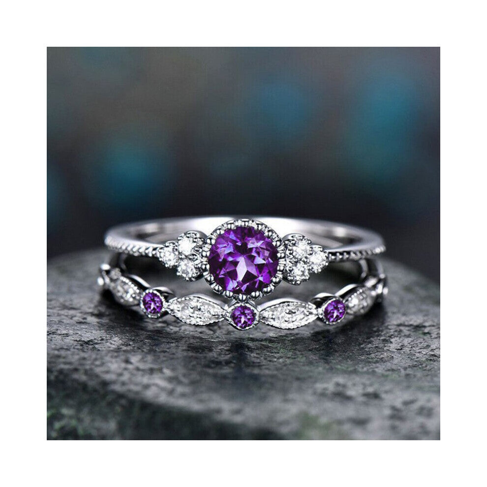 2Pcs-Set Green Stone Crystal Finger Rings For Women Sliver Wedding Engagement Bands Jewelry