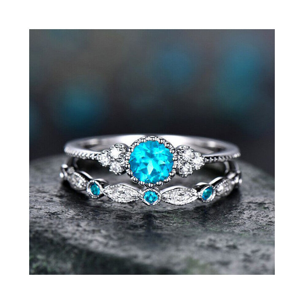 2Pcs-Set Green Stone Crystal Finger Rings For Women Sliver Wedding Engagement Bands Jewelry