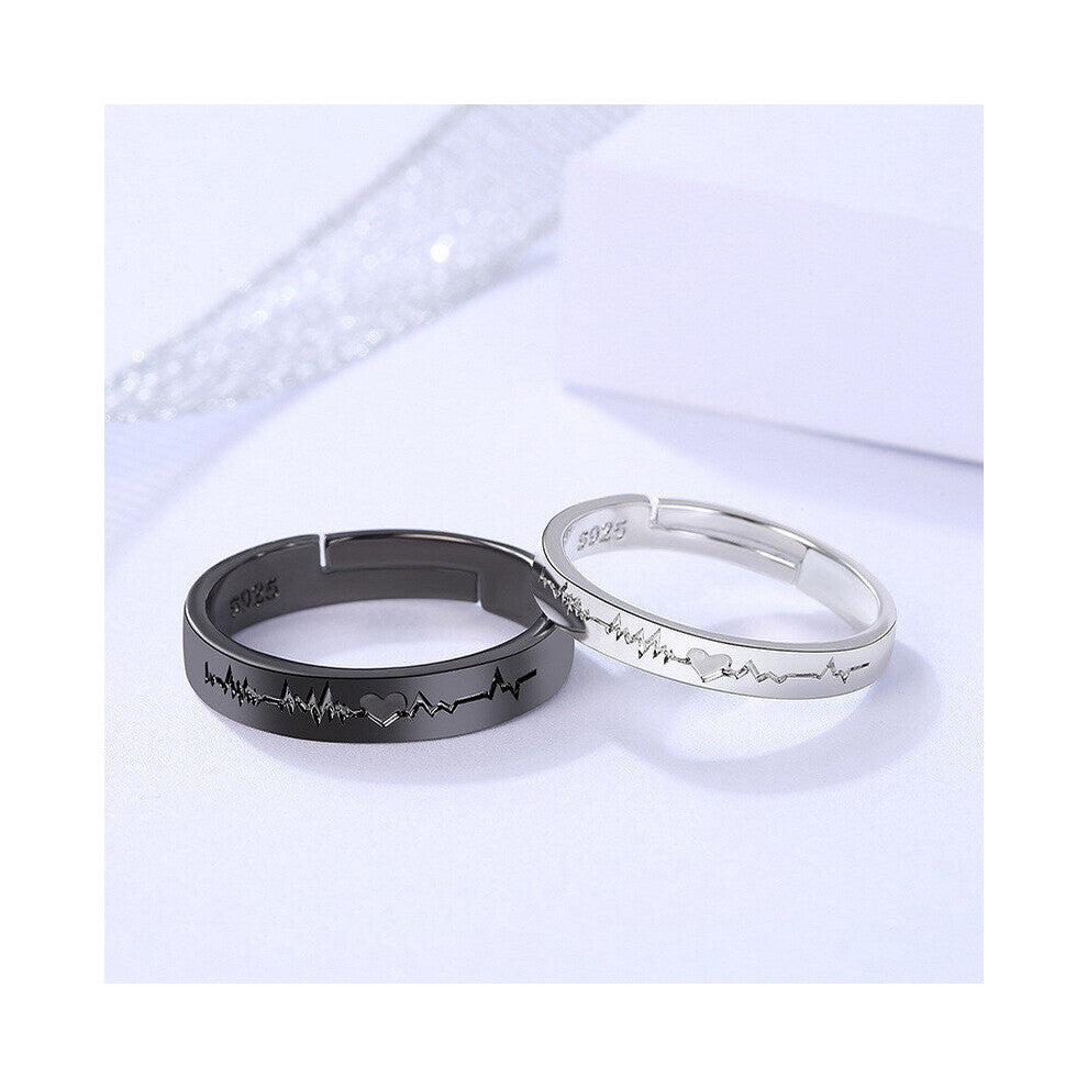 2Pcs Love Heart Electrocardiogram Couple Open Rings For Women Men Lover Silver Engagement Wedding Valentine'Day Gift