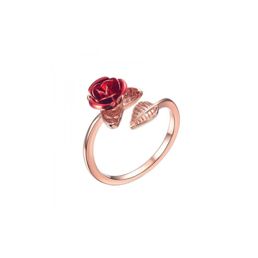 Red Rose Flower Leaves Opening Ring For Women Rhinestone Flowers Adjustable Finger Ring Engagement Jewelry Gift