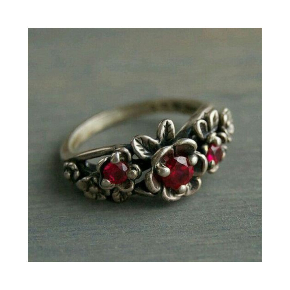 Vintage Bohemian Flower Red Crystal Rings for Women Gorgeous Charming Silver Colour Wedding Engagement Christmas Gift