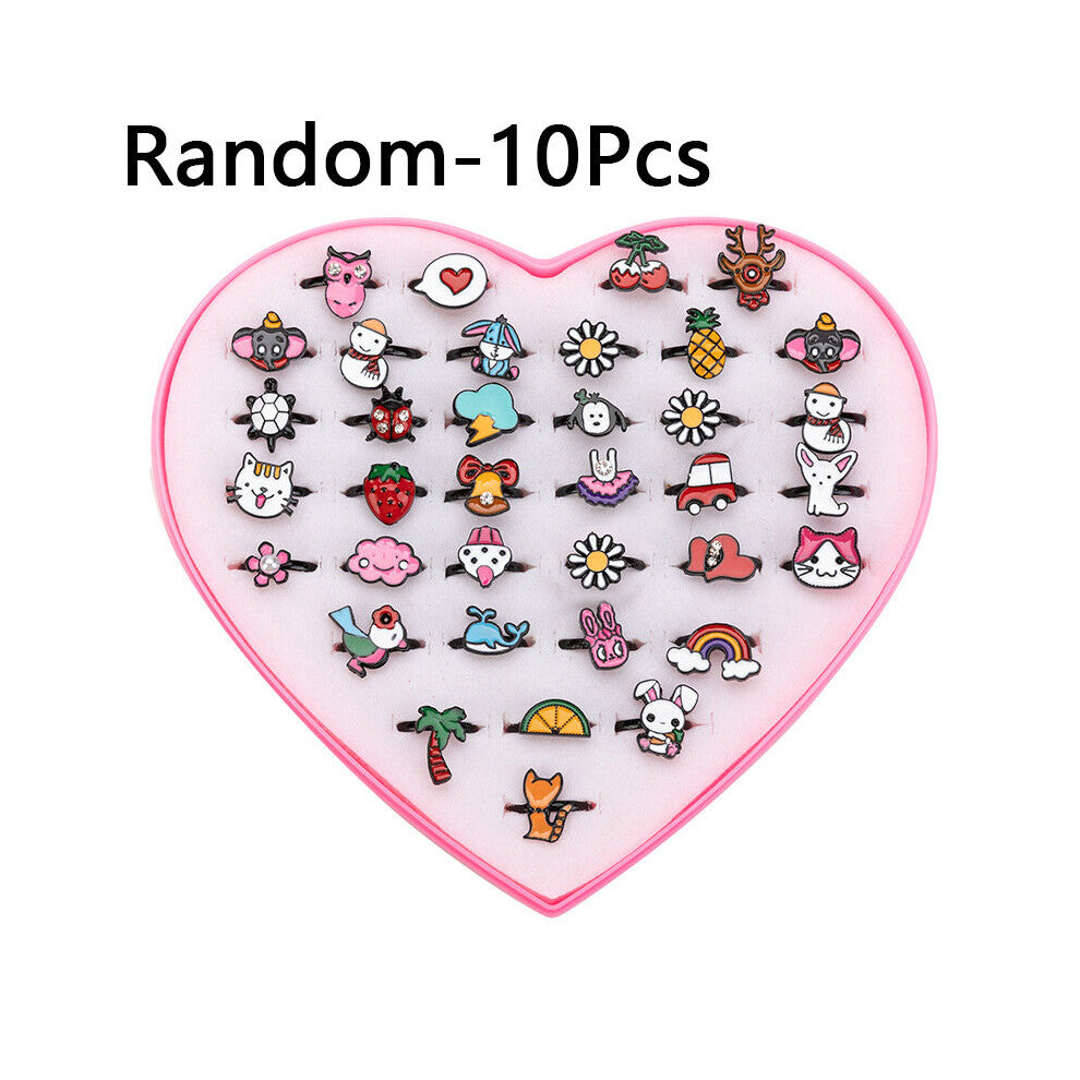 10pcs Random Cartoon Children Rings Colorful Animal Flower Adjustable Finger Rings For Kid Girls Jewelry Toys Supplies