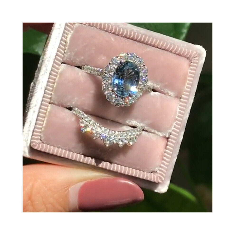 2pcs-set Oval Cut Natural Crystal Engagement Rings Set Women Wedding Band Party Jewelry Ring Anniversary Gift