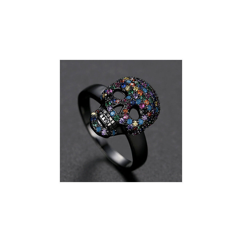 Punk Colorful CZ Skeleton Devil Ring Bling Zircon Skull Face Iced Rings For Men Fashio Biker Hip Hop Jewelry