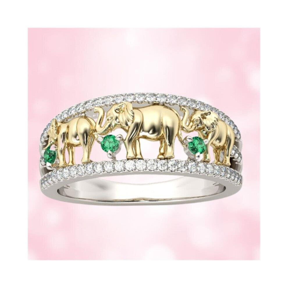 Income Lucky Elephant Ladies Ring Two Tone Round Cut Animal Jewelry Wedding Rings Anniversary Engagement Birthday