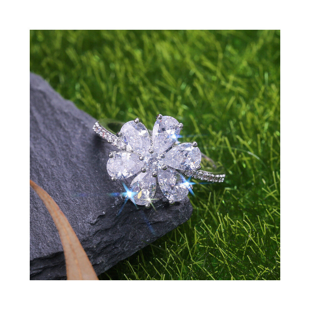 Crystal Wedding Rings for Women Silver Flower Floral Shaped Engagement Bridal Party Jewelry
