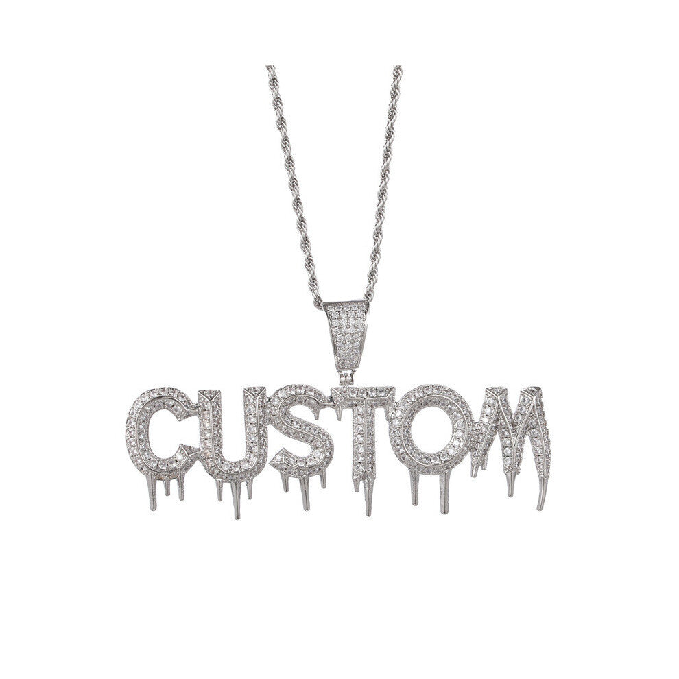 (White, 35cm) Hip Hop Bubble Letters Drip Name Cubic Zircon Drip Iced Out Chain Pendants & Necklaces For Men Women Jewelry