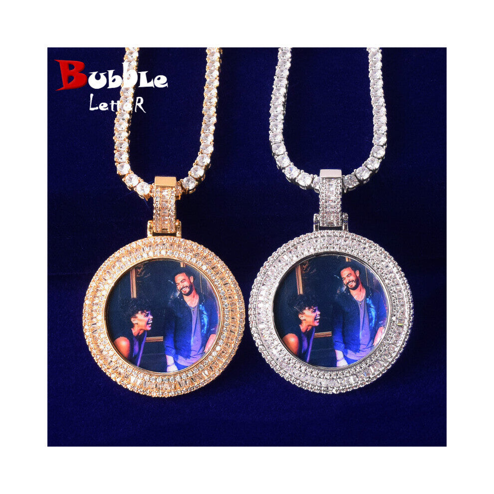 (White, 55cm) Bubble Letter Photo Necklace Picture Pendant Baguette Charms Men Hip Hop Jewelry Iced Out Items