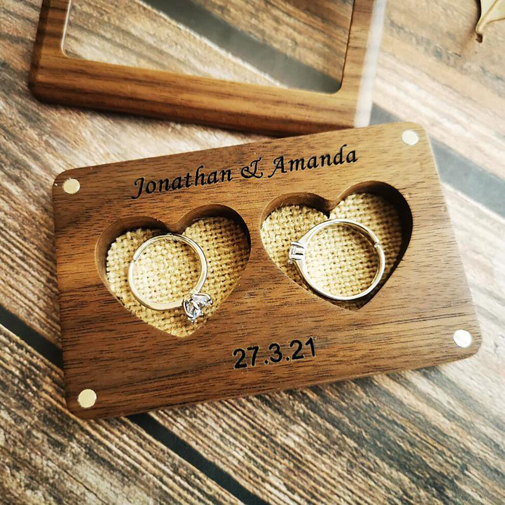 Couple Wood Engagement Ring Bearer Box Rustic Name Date Personalized Wedding Jewelry Double Heart Ring Holder