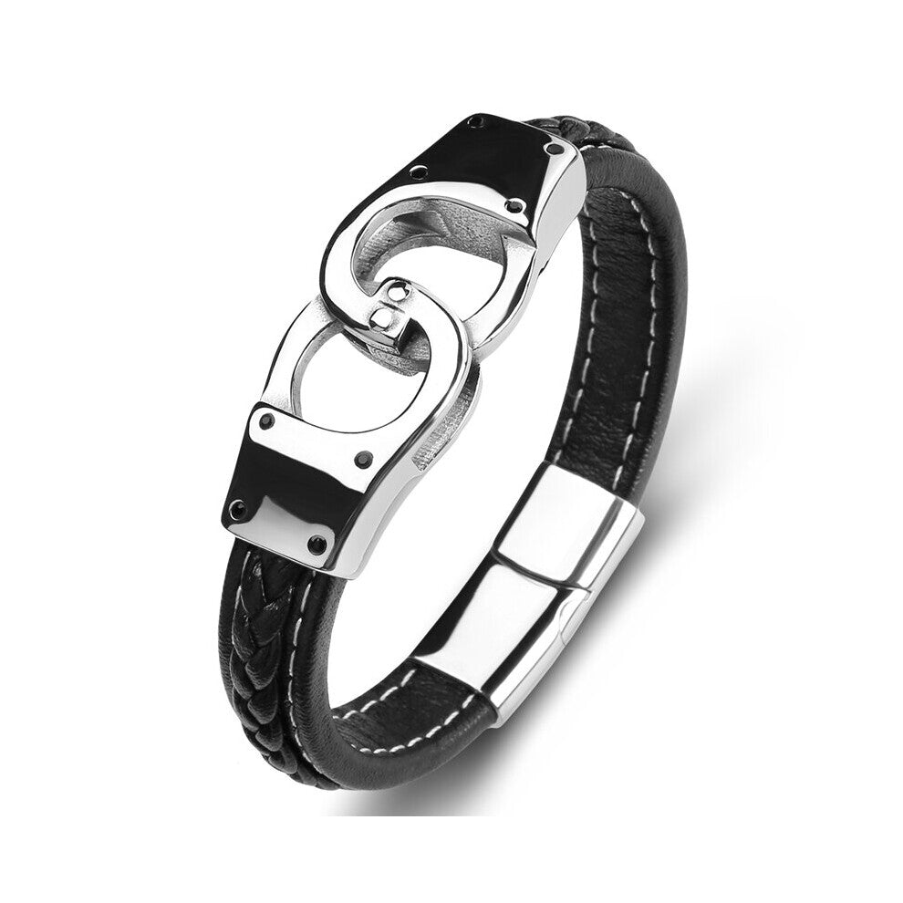 (Hot Stamping, 22cm) Multicolor Leather Bracelet Men Punk Rock Jewelry Stainless Steel Handcuffs Bangle Male Wristband Gift for Boyfriend P117