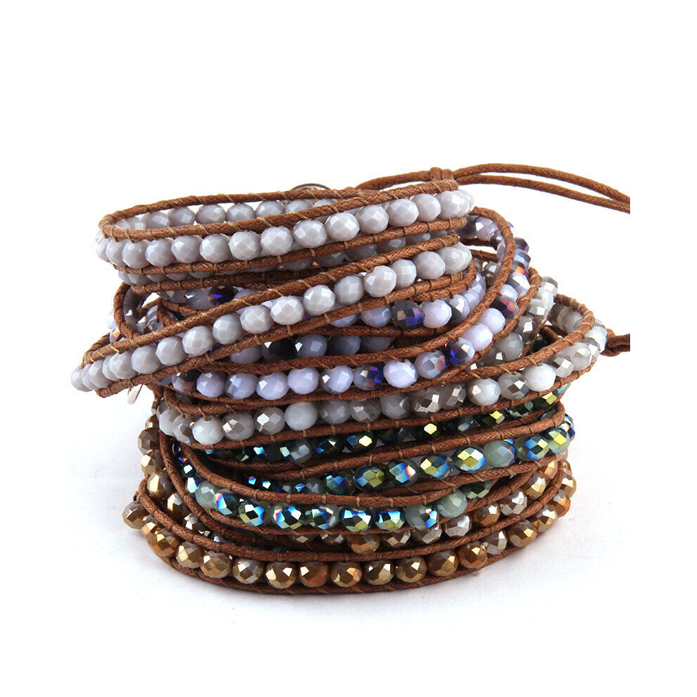 Glass Crystal Long Wrap Bracelet 3 Wraps Leather Bracelet For Women