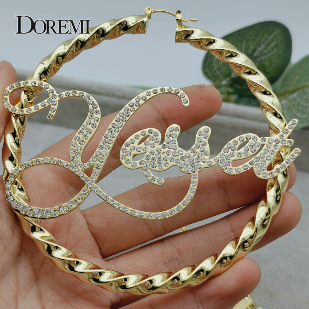 (Light Yellow Gold Color, Black) DOREMI 30-50-70-90MM Name Earrings Big Hoops Earrings Stainless Hip Hop Style Earrings Earrings for Women Gift