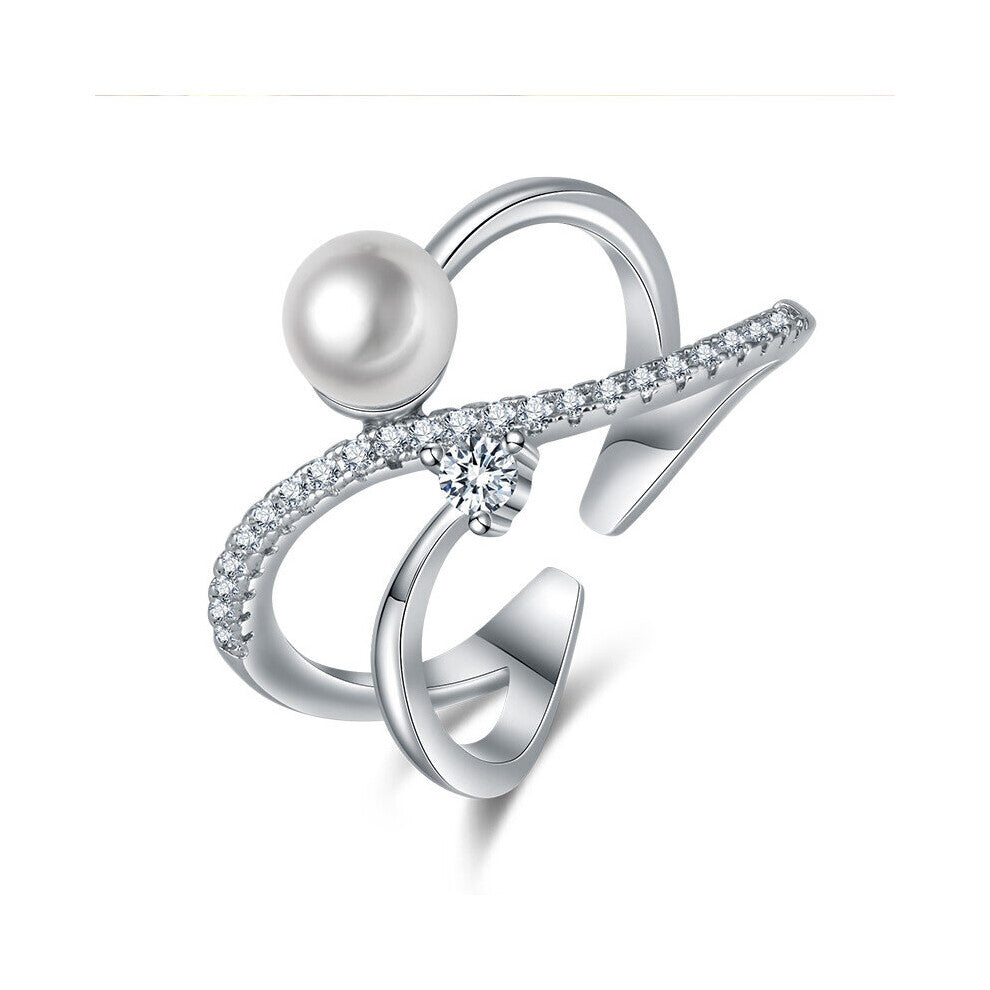 Women Rings 925 Silver Jewelry Pearl Zircon Gemstones Open Finger Ring Accessories for Wedding Engagement Party Gift