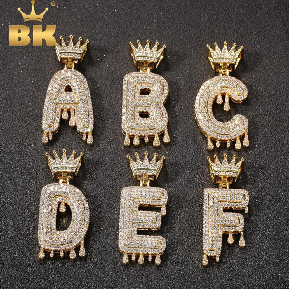 (Light Yellow Gold Color, White) Drip Crown Letters Name Necklace Iced Out Cubic Zirconia 26 English Bubble Initial Letters Pendant Jewelry