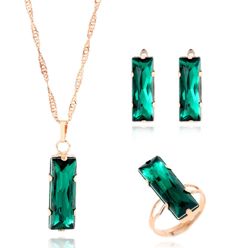 Green Crystal Bridal Jewelry Sets Dubai Jewellry Sets for Women Necklace-Earrings-Ring 3pcs Wedding Set