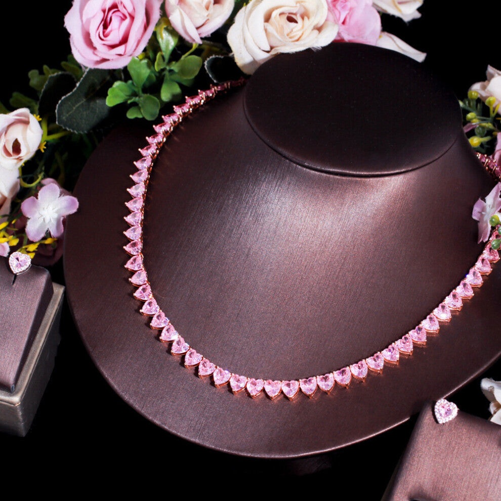 CWWZircons Bling 5A Pink CZ Stone Tennis Chain Love Heart Shaped Party Engagement Necklace Earrings Jewelry Sets for Women T629