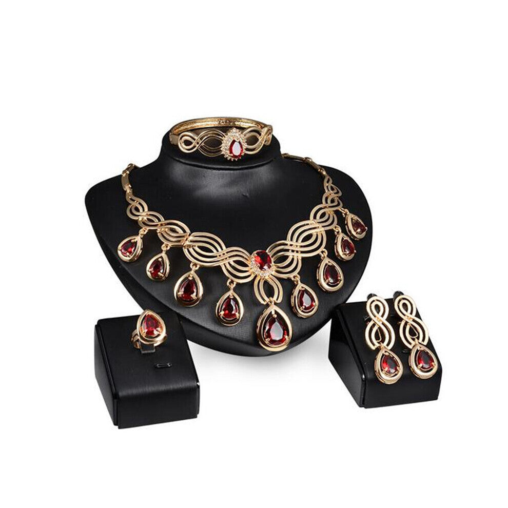 Plated Necklace-Earring-Ring-Bracelet Jewelry Sets for Women Red Crystal Indian Bridal Wedding Jewelry Sets