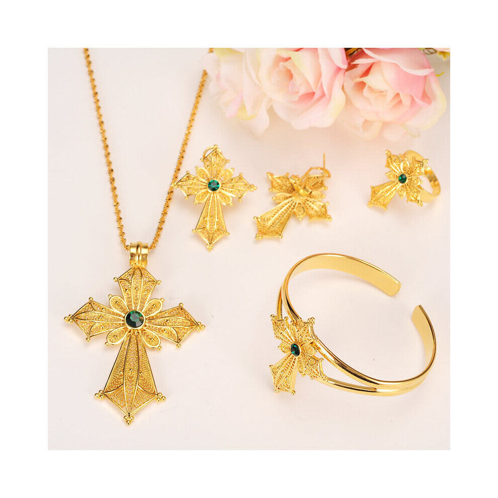 Ethiopian Rhinestone Big Cross Jewelry Set Necklace-Earrings-Ring-Bangle Habesha Africa Wedding