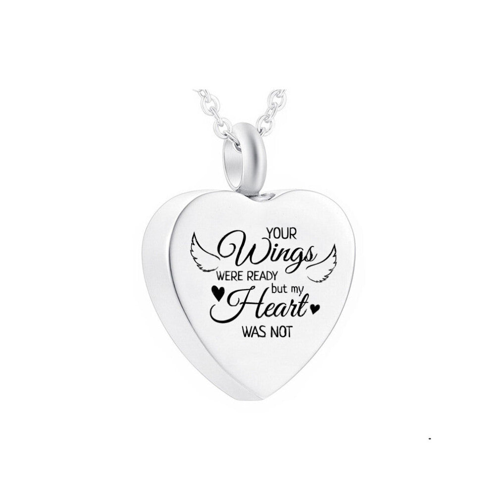 Heart-shaped Cremation Jewelry Angel Wings Engraved With Stainless Steel Urn Necklace-Your Wings Are Ready But My Heart Is Not