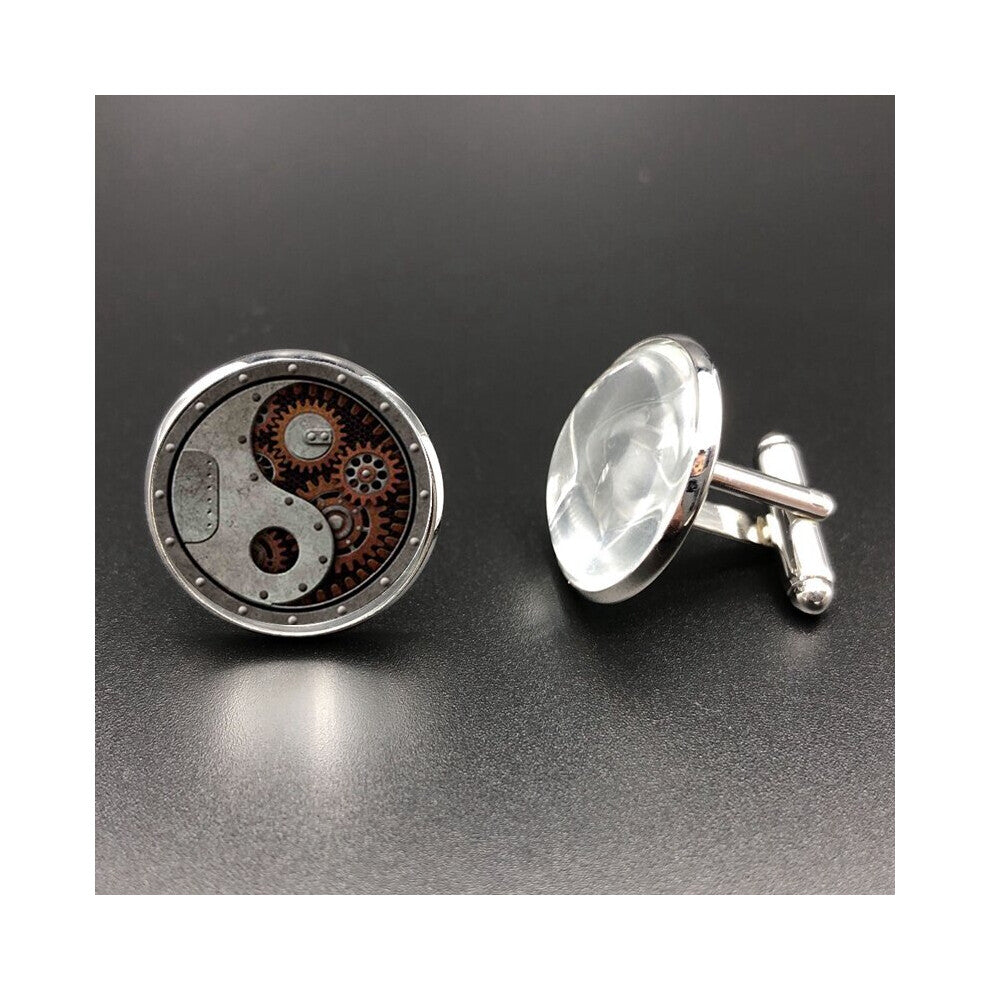 2018New Round Wheel Gear Glass Yin Yang Cufflinks High Charms Steampunk Style Metal Mens Jewelry