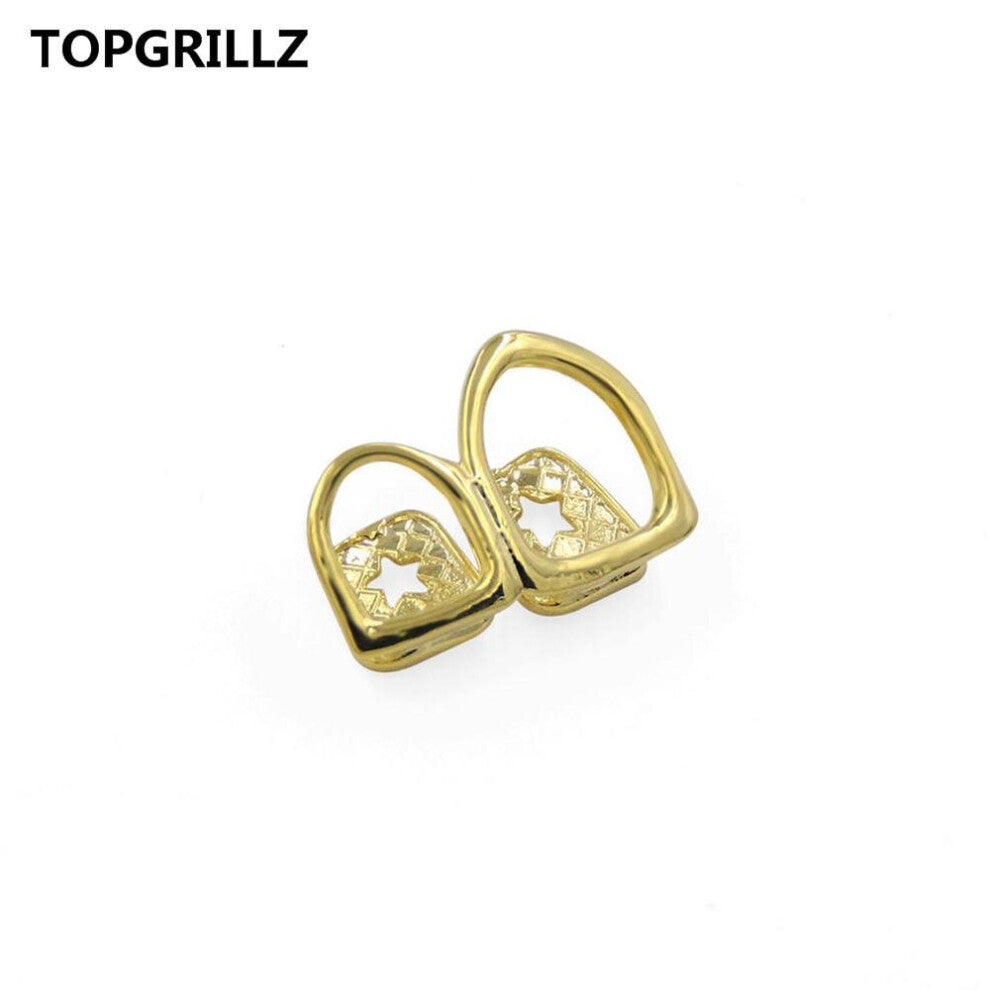 Hollow Open Face Double Tooth Grillz Yellow Plated Top Two Right Canine Teeth Grills Caps