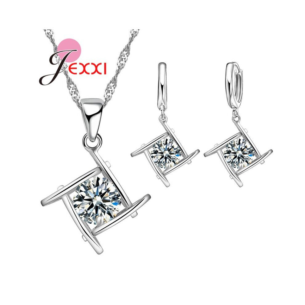 925 Sterling SilverCrystal Flower Square Pendant Necklace Earrings Jewelry Set For Women Girls Wedding Engagement