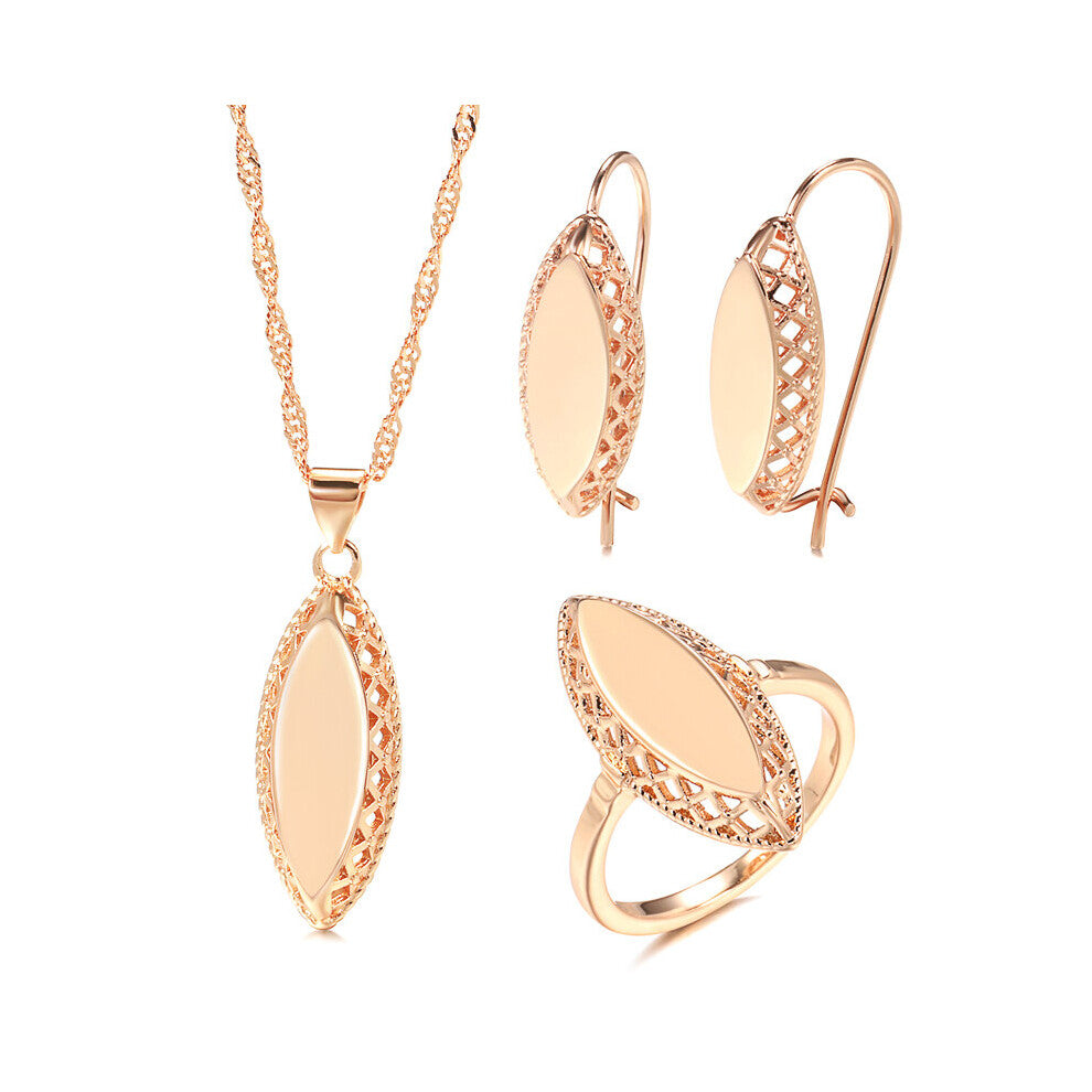 (Rose Gold Color, 9) Kinel Glossy Necklace Earrings Ring for Women 585 Rose Weaving Rhombus Ethnic Bride Wedding Jewelry Sets