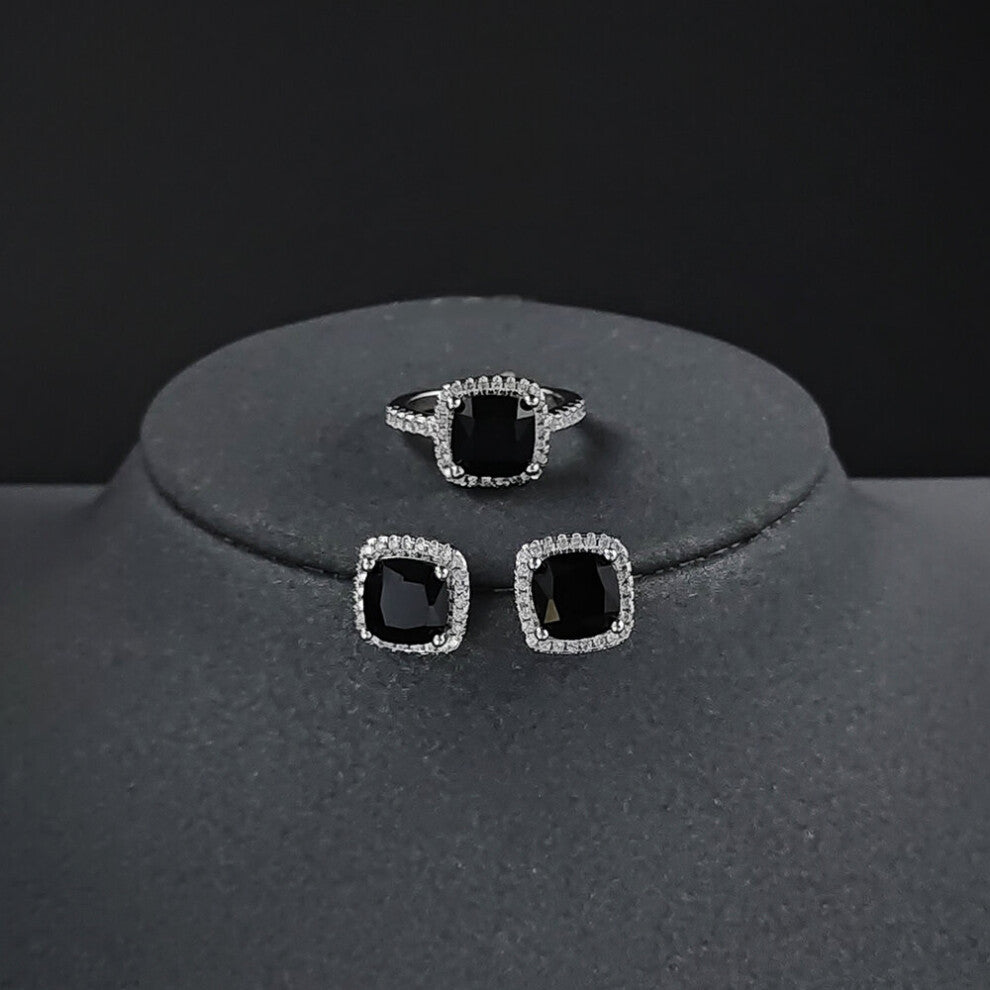 2pcs Pack silver bride cushion cut zircon cz Jewelry set Engagement ring stud earring Wedding for women J1099-black