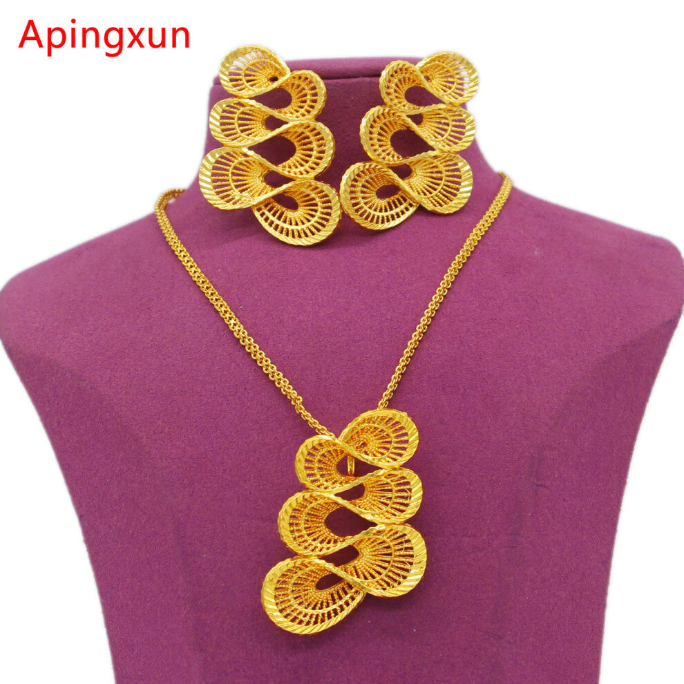 Bright Dubai Pendent Necklace&Earrings Jewelry Set African Arab Women Bridal Wedding Party Jewelry