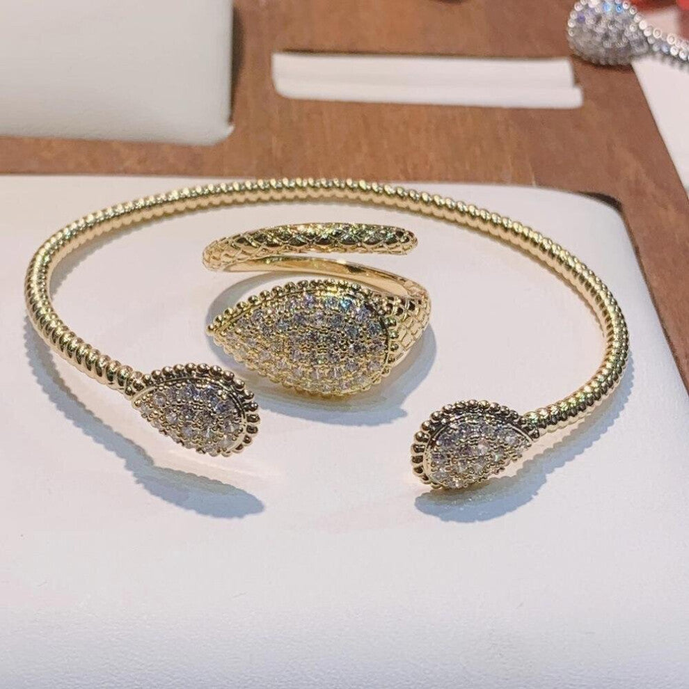 Oval Cuff Bracelet Ring set Geometric Full Microl Zirconia Wedding Engagement Women Bangle Jewelry S0855