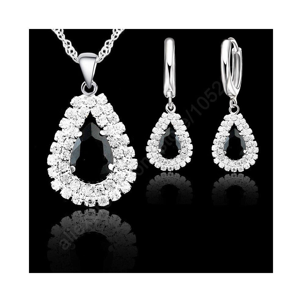Wedding Jewelry Sets 925 Sterling Silver Women Fine Water Drop Crystal Engagement Pendant Necklace Earrings Set