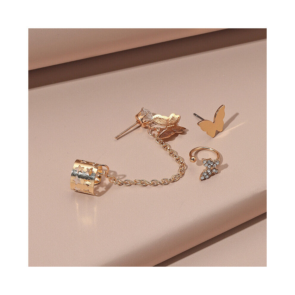 Women's Creative Glossy Butterfly Stud Earrings Hollow Chain Set Ear Clip Jewelry