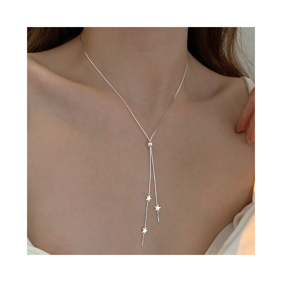 S925 Sterling Silver Pull-out Choker Women Necklace Glossy stars Pendants Chain For Girl Wedding Gift Fine Jewelry