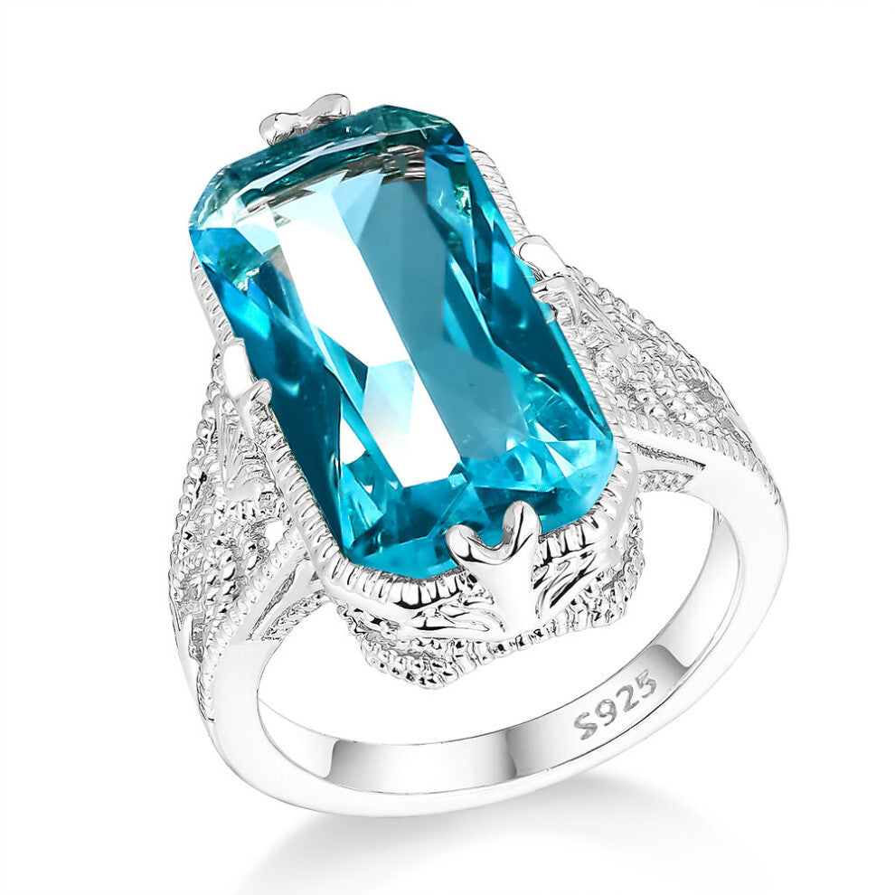 Aquamarine Zircon Hollowed-out Carved 925 Sterling Silver Rings Exaggerated Silver Jewelry for Women Engagement Wedding Ring