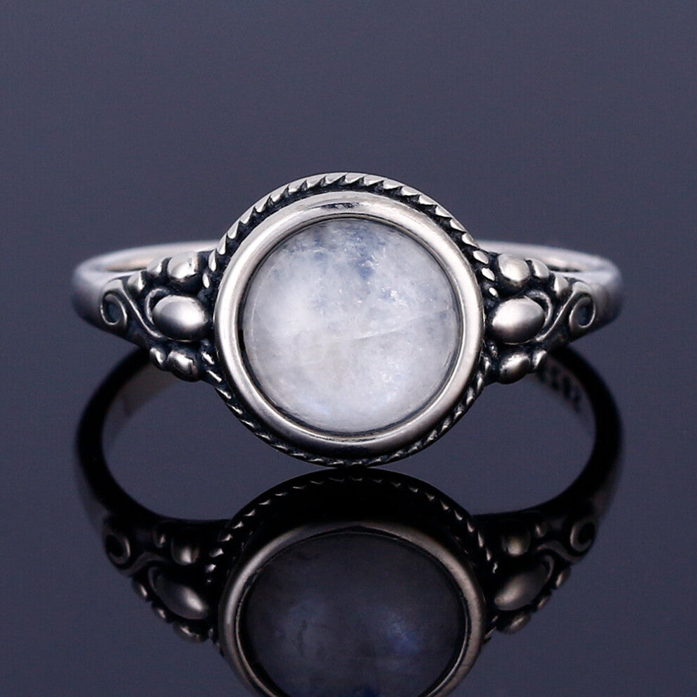 Men And Women 925 Sterling Silver Jewelry Ring Round 8MM Natural Moonstone Ring Bohemian Style Engagement Wedding Party Gift
