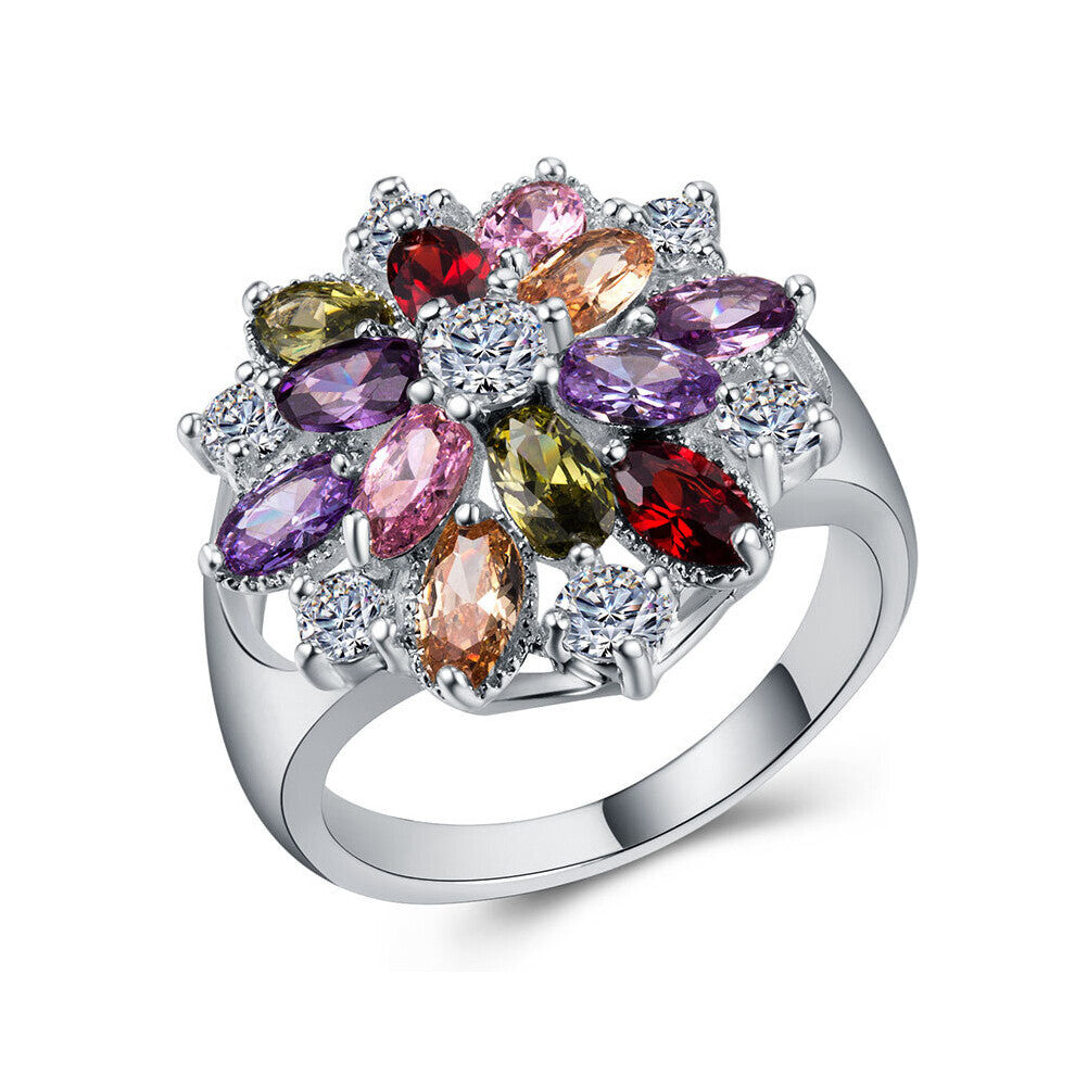 Female Pink Crystal Stone Ring Charm Silver Thin Wedding Rings For Women Dainty Bride Flower Zircon Engagement Ring