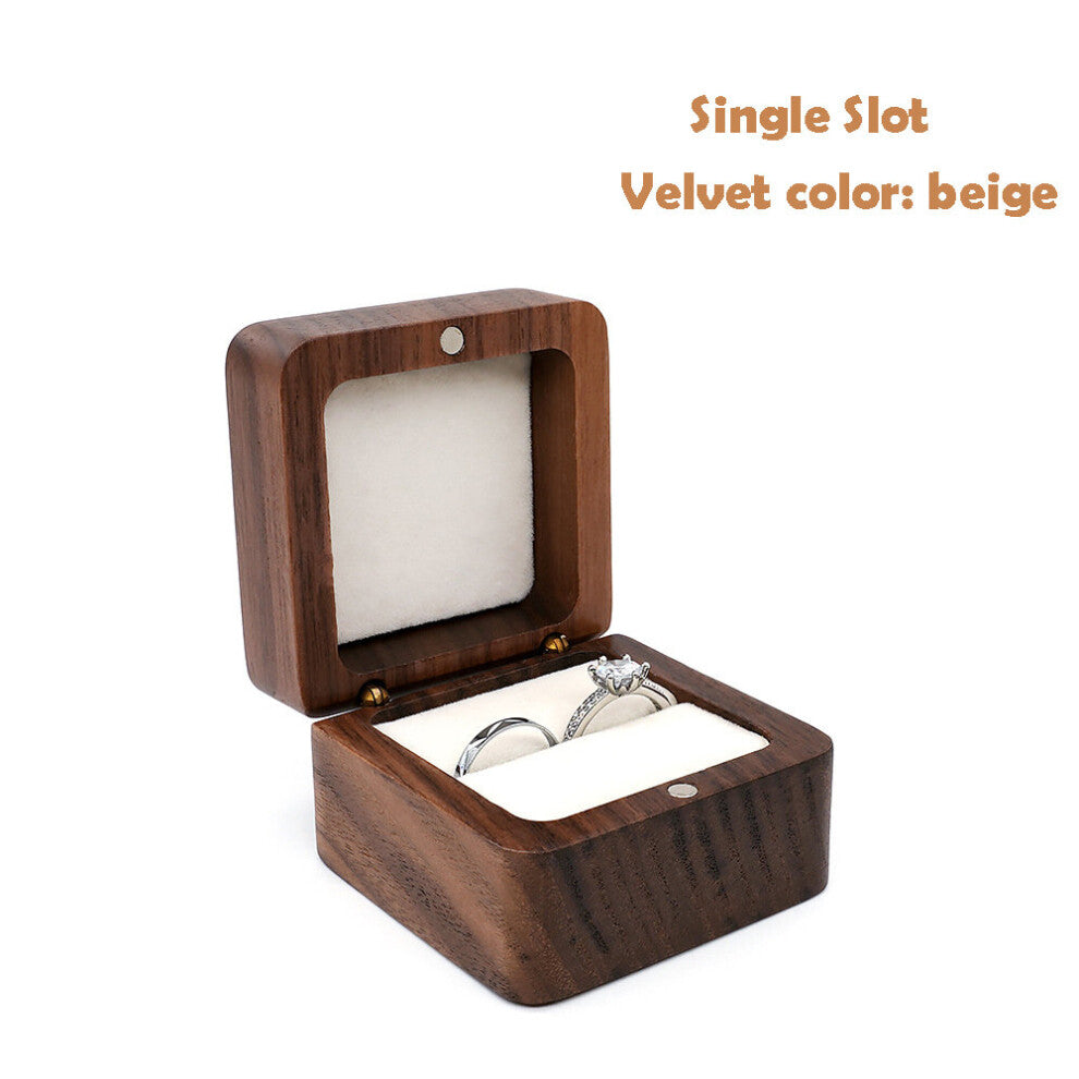 Wood Ring Box for 2 Rings Vintage Jewelry Velvet Wedding Ceremony Ring Bearer Box Walnut Engagement Ring Holder