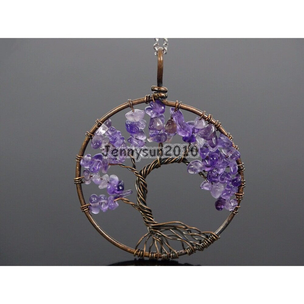 Natural Ame-thyst Gems Stone Reiki Chakra Chip Beads Tree of Life Healing Copper Pendant Necklace Jewelry Making 5Sets-Pack