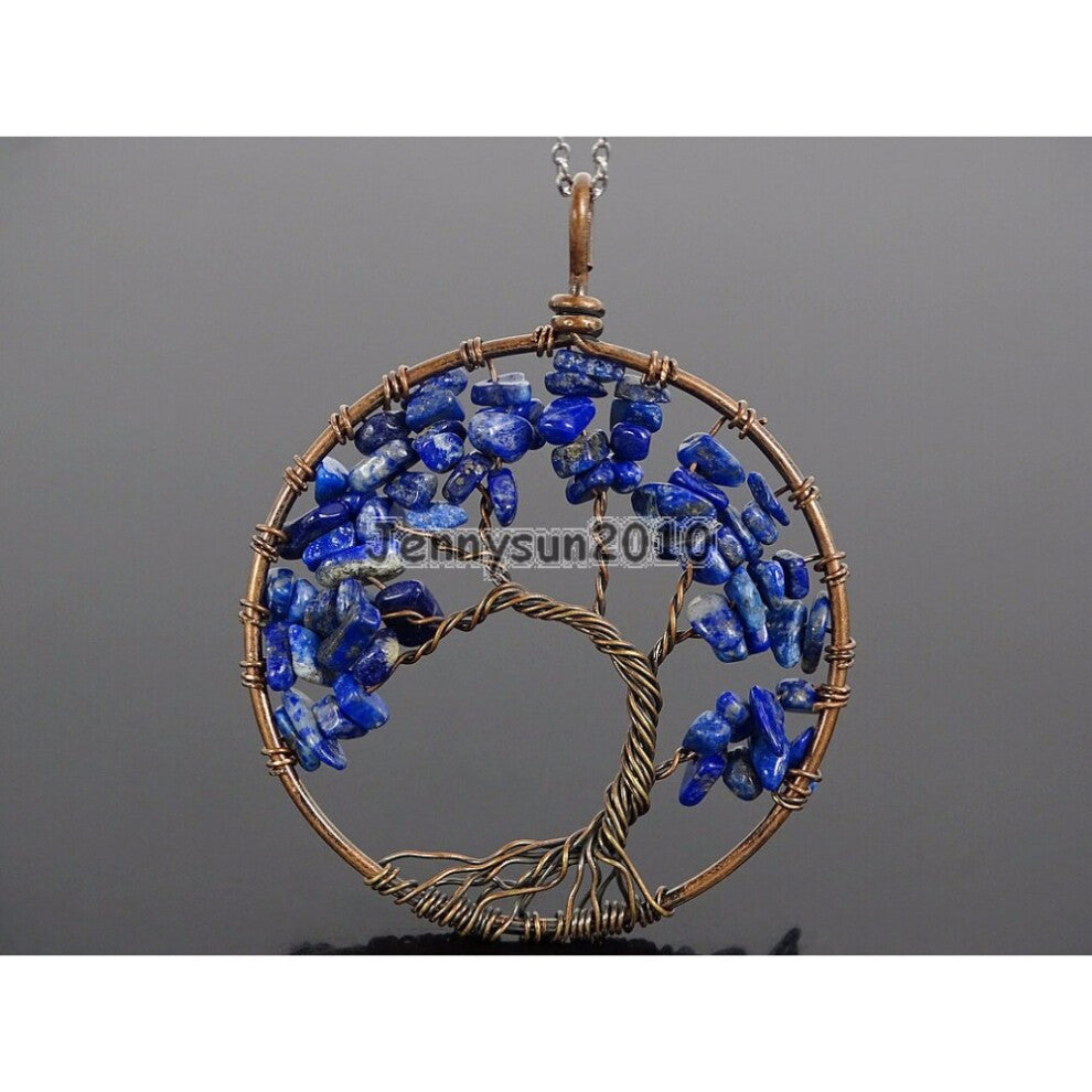 Natural Lapis Lazuli Gems Stone Reiki Chakra Chip Beads Tree of Life Healing Copper Pendant Necklace Jewelry Making 5Sets-Pack