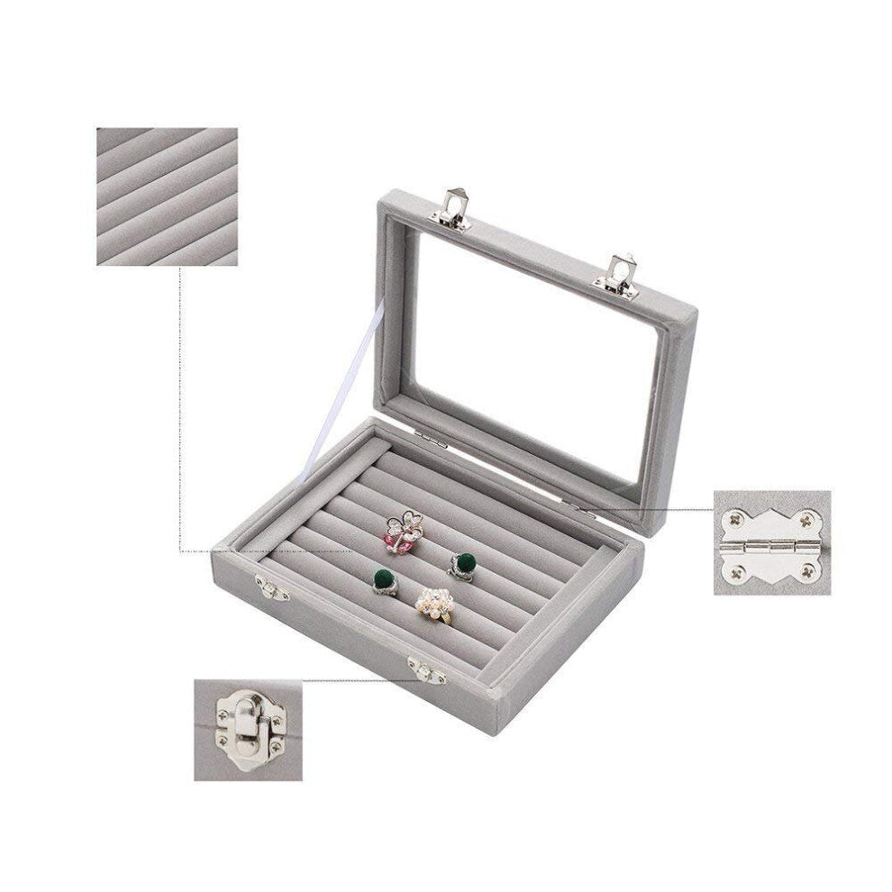 7 Slots Velvet Display Case Box Earring Ring Organizer Jewelry Tray Cufflink Storage Showcase with Clear Glass Lid Grey