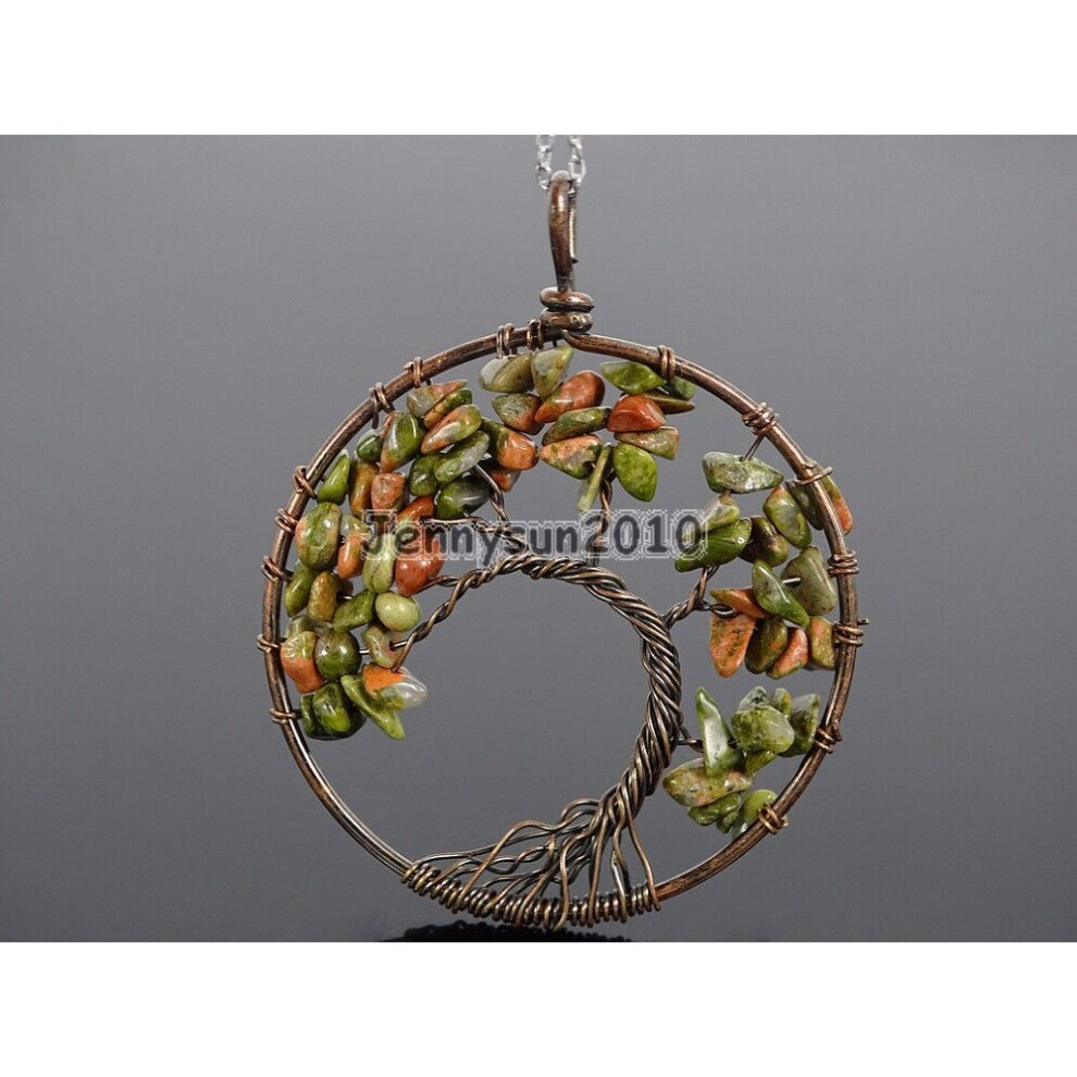 Natural Unakite Gems Stone Reiki Chakra Chip Beads Tree of Life Healing Copper Pendant Necklace Jewelry Making 5Sets-Pack