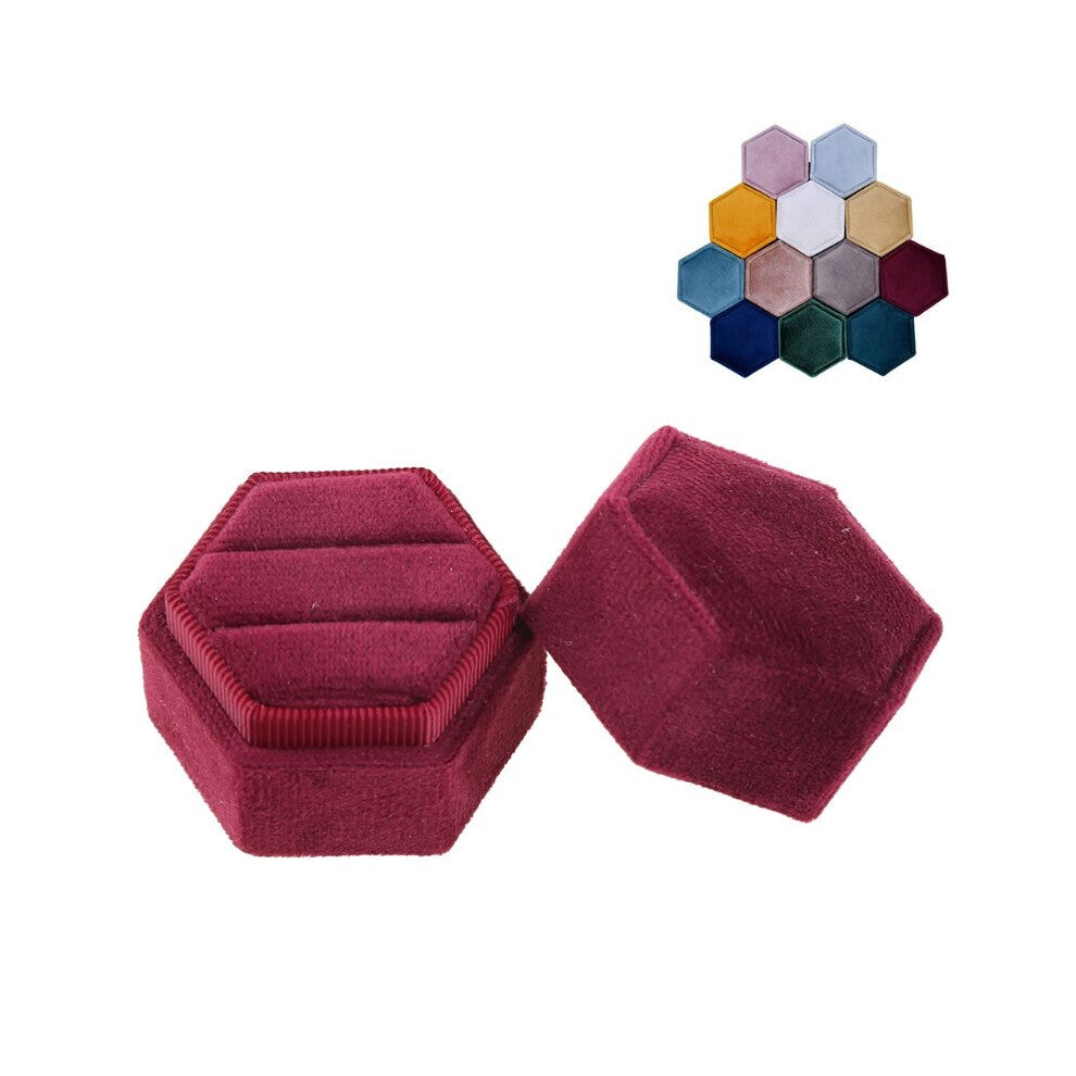 Hexagon Velvet Ring Box Double Ring Display Holder with Detachable Lid Ring Box Holder for Wedding Ceremony(Wine Red)