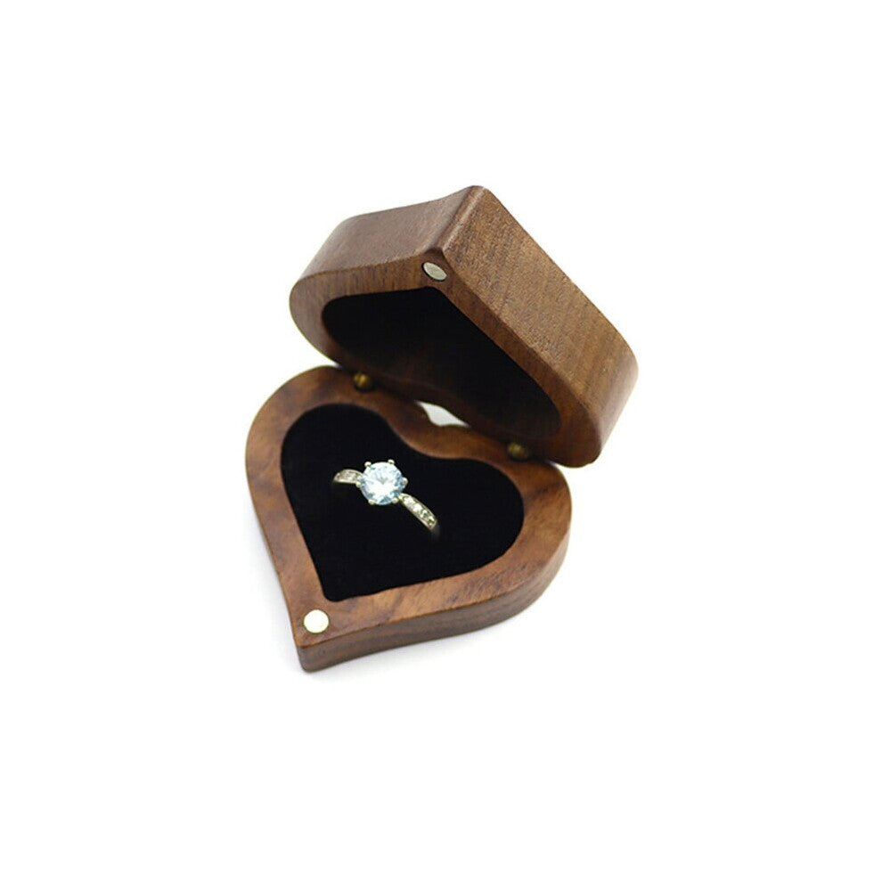 F19D Rustic Walnut Wood Engagement Ring Box with Magnet Lid Wood Heart Ring Box