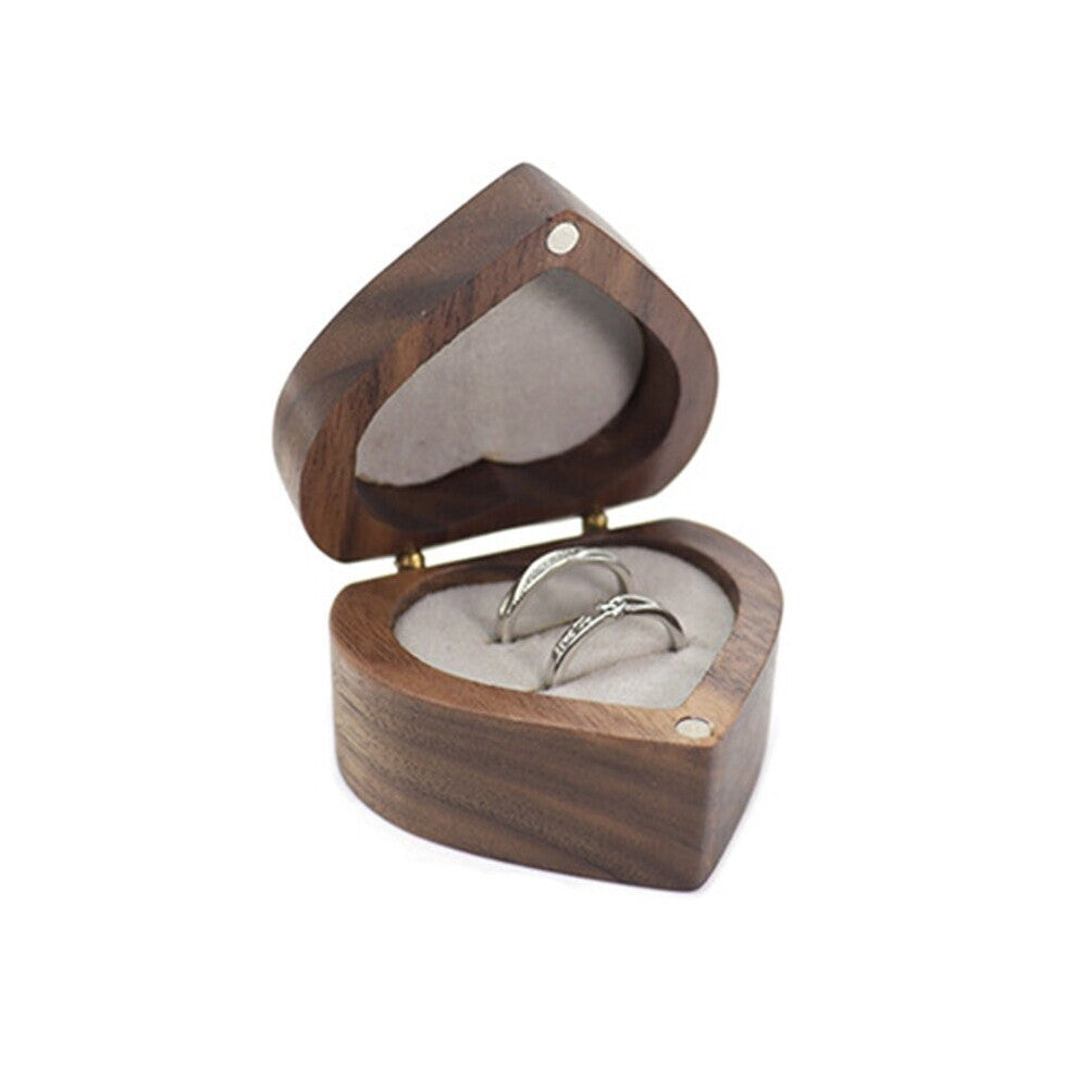 Walnut Wooden Ring Box with Velvet Bag for Wedding Ceremony Heart Shaped Proposal Engagement Ring Display Showcase