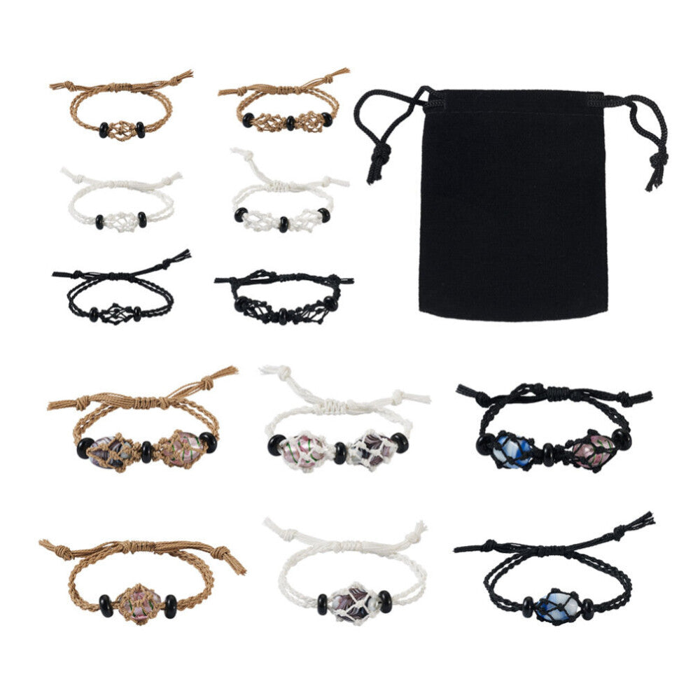 6pcs Waxed Polyester Cord Macrame Pouch Adjustable Braided Bracelet with Stone Beads Rectangle Velvet Pouches Jewelry Gift
