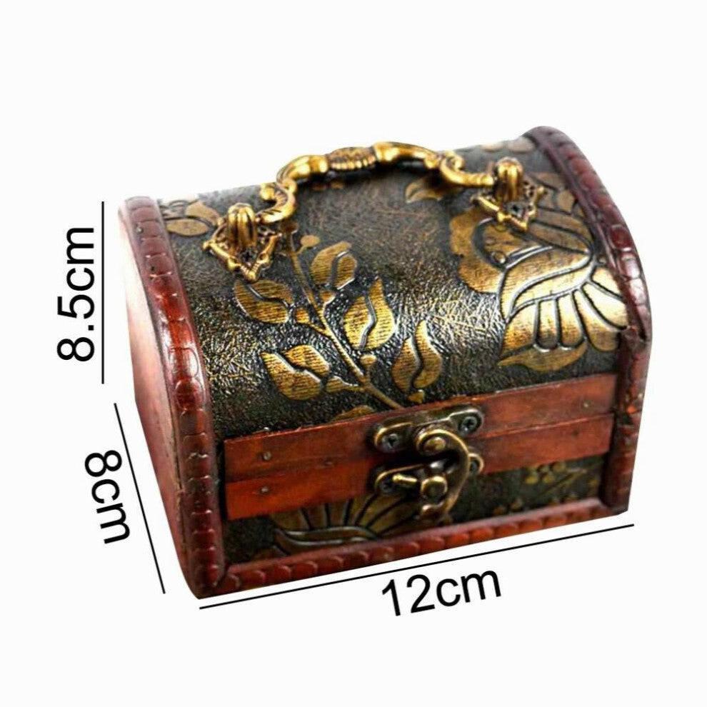 Vintage Wooden Treasure Chest Box Case Craved Jewelry Cufflinks Chest Small Gift Storage Organizer with Lock